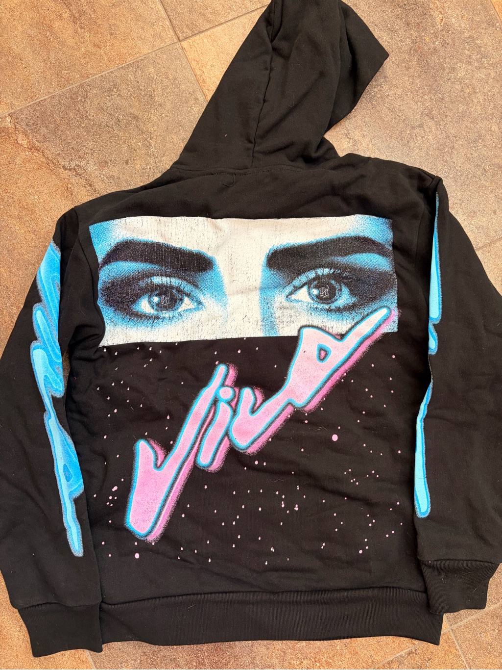 Black Graphic Hoodie With Blue & Pink Eye Print